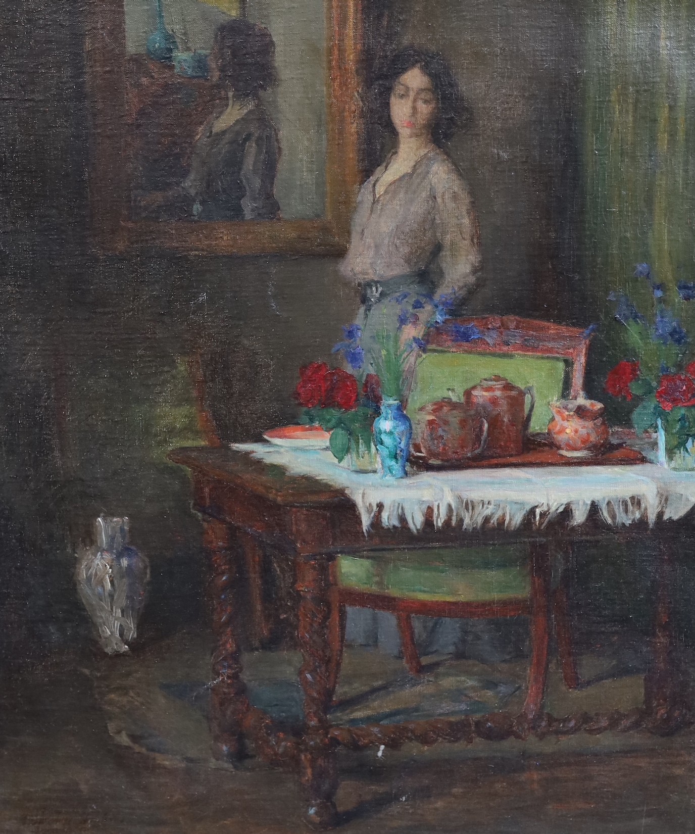 Frank Spenlove Spenlove (1868-1933), Interior with woman standing beside a tea table, oil on canvas, 54 x 35 cm